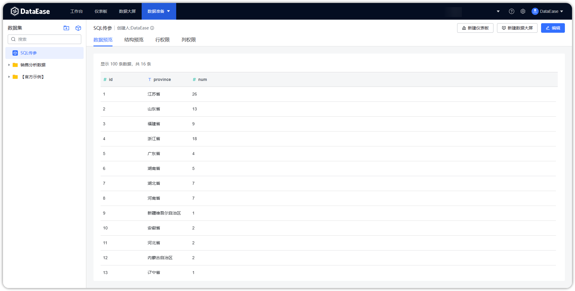 SQL数据集预览