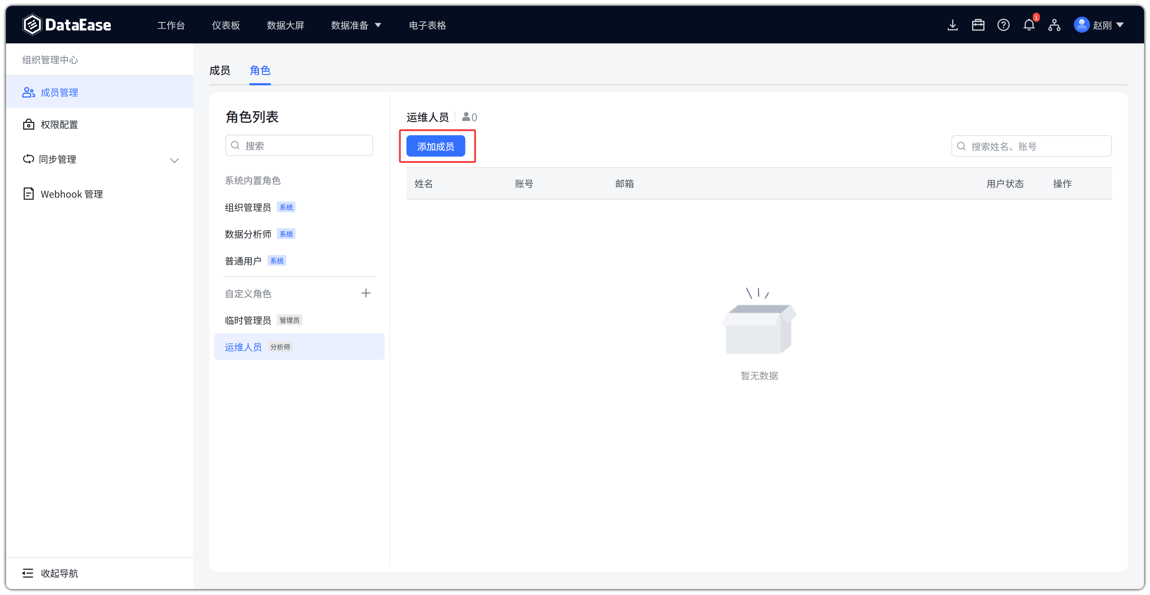 组织管理中心角色列表